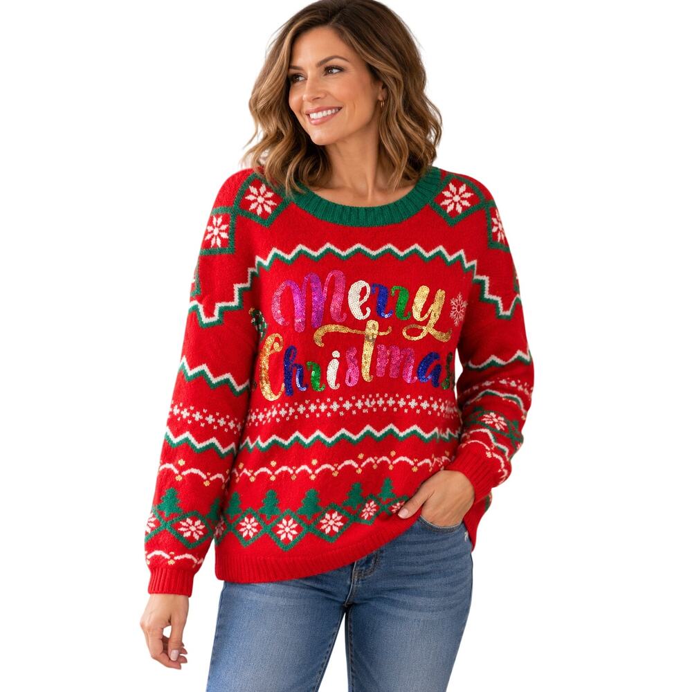 Holiday Time Merry Christmas Sequin Ugly Christmas Sweater Women’s XL 16-18